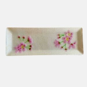 VINTAGE Enamel On Metal RECTANGLE TRAY PINK cherry blossoms 9.5” X 3.25”